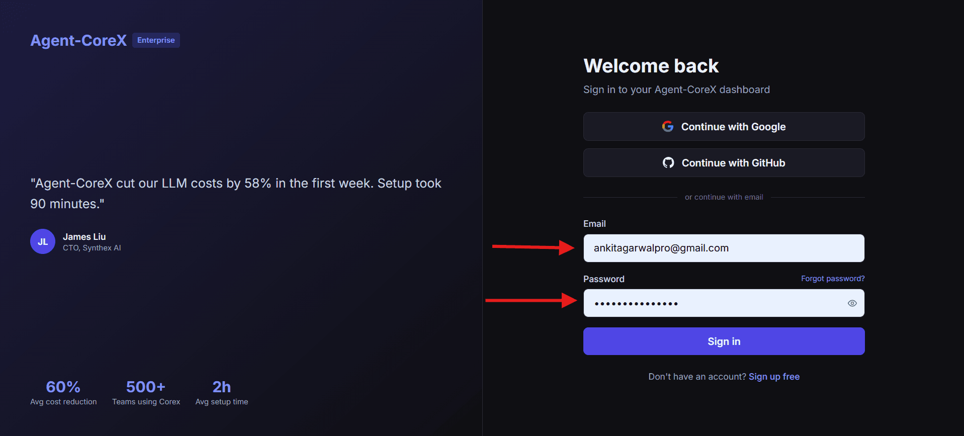 Login page right panel showing the email input, password input with eye-toggle icon, Forgot password link, and Sign in button below the 'or continue with email' divider
